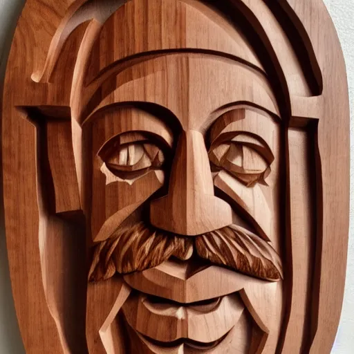 Image similar to abstract walnut wood carving of mario. Intricate details, hand carved, warm tones