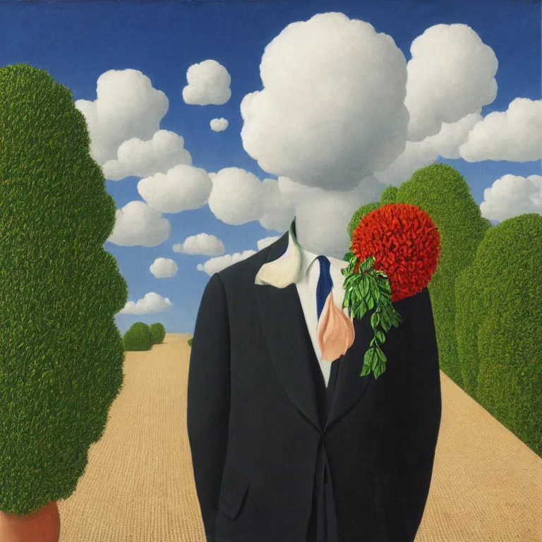 Image similar to portrait of a faceless beautiful flower - head man in a suit, clouds in the background, by rene magritte, detailed painting, distance, middle centered, hd, hq, high resolution, high detail, 4 k, 8 k