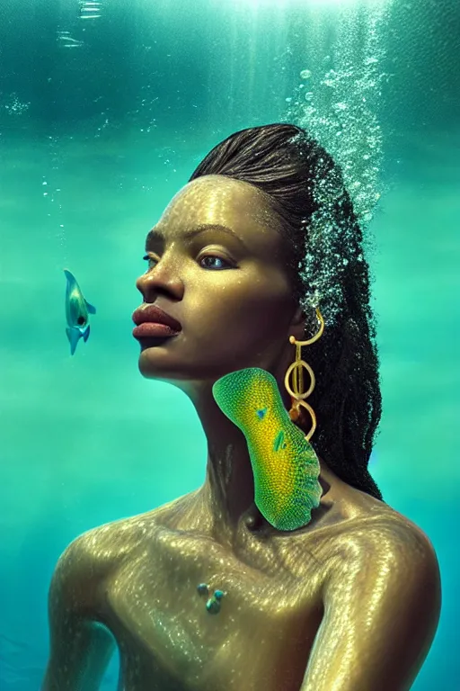 Image similar to hyperrealistic precisionist cinematic half underwater scene with fish and algae, very expressive! translucent elegant african goddess getting out of water, gold jewerly, highly detailed face, digital art masterpiece, aykut aydogdu zener, dramatic volumetric light, long shot, low angle uhd 8 k, sharp focus