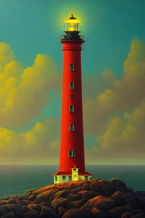Image similar to a lighthouse in a redwood solar punk vision, overlooking an ocean, oil on canvas by klaus burgle, simon stalenhag, ultra - realistic 3 d depth shading