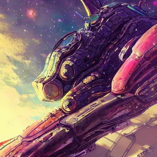 Image similar to concept art of an alien spacecraft, stars, meteorites, floating debris, beautiful, fantasy, colorful, cinematic lighting, artstation, trending, highly detailed, focus, smooth, by studio ghibli, rossdraws, hirohiko araki, conrad roset, yoshitaka amano