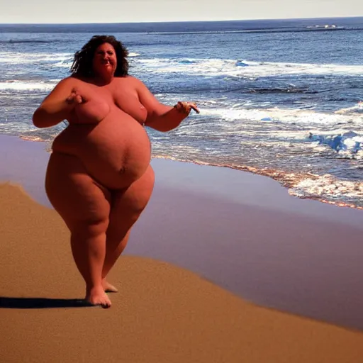 Prompt: Big woman on the beach, realistic photo, high detailed