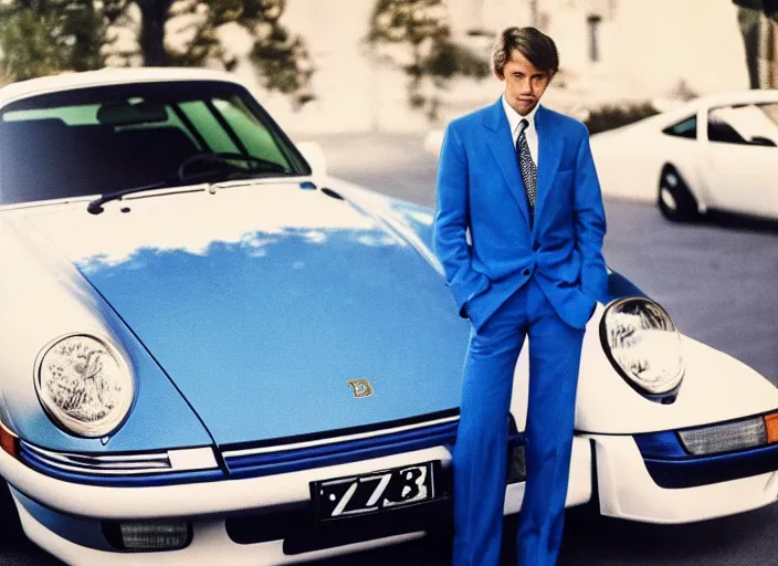 Image similar to color photo of a cool handsome photomodel in a blue suite with arms crossed arms leaning against a white porsche 9 1 1 in the 8 0's. girl beside him