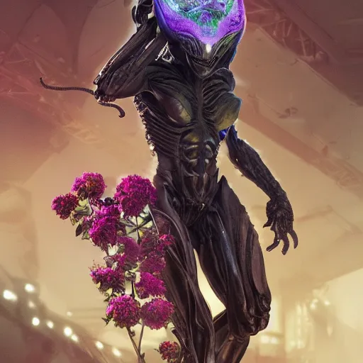 Image similar to a xenomorph made of flowers, art by artgerm and greg rutkowski and alphonse mucha, concept art, octane render, unreal engine 5, highly detailed, high quality, 8 k, soft lighting, path traced