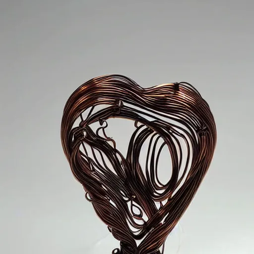 Prompt: a very beautiful tiny ( human heart )!!!!!!!!!!!!!!!!!!!!!!!!! organic sculpture made of copper wire and threaded pipes, very intricate, curved. studio lighting, high resolution, high quality, black background