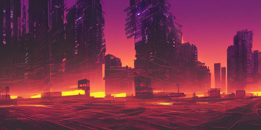 Image similar to brick buildings urban street neon futuristic cyberpunk vaporwave tron glow sunset clouds sky illustration by syd mead concept art