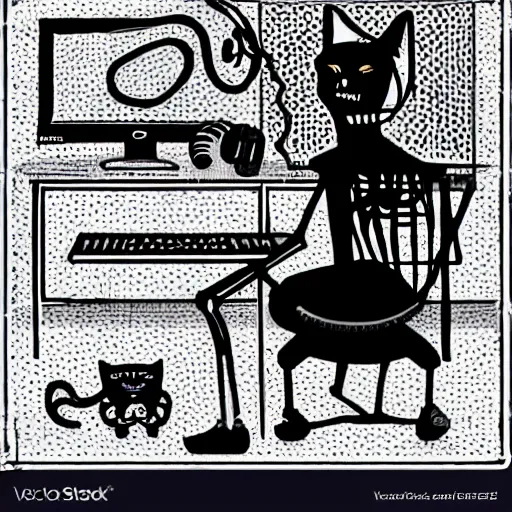 Image similar to skeleton wearing headphones watching girl playing guitar with her black cat, vector art