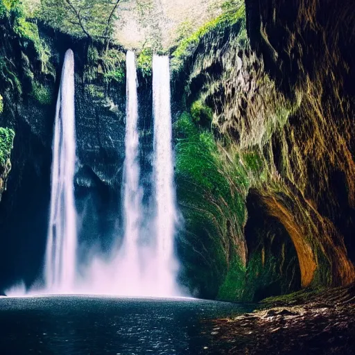 Prompt: A huge waterfall in a secret lake in a cave, mystical, atmospheric