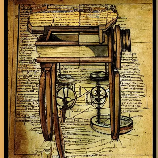Prompt: vintage, detailed, colored sketch of time machine instruction, all parts, with full descriptions, on old parchment, by leonardo da vinci