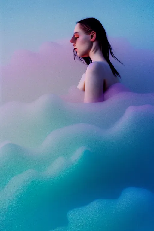 Image similar to high quality pastel coloured film close up wide angle photograph of a model wearing clothing swimming on cloud furniture in a icelandic black rock!! environment in a partially haze filled dreamstate world. three point light, rainbow. photographic production. art directed. pastel colours. volumetric clouds. pastel gradient overlay. waves glitch artefacts. extreme facial clarity. 8 k. filmic.