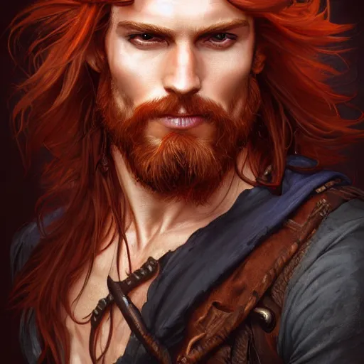 Prompt: portrait of a young ruggedly handsome but easygoing pirate, male, masculine, upper body, red hair, long hair, d & d, fantasy, intricate, elegant, highly detailed, digital painting, artstation, concept art, matte, sharp focus, illustration, art by artgerm and greg rutkowski and alphonse mucha