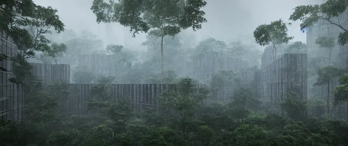 Prompt: brutalist architecture inspired by louis kahn deep in the rainforest. nature is taking over. matte painting by ivan laliashvili. unreal engine 5 render. mist. cinematic.