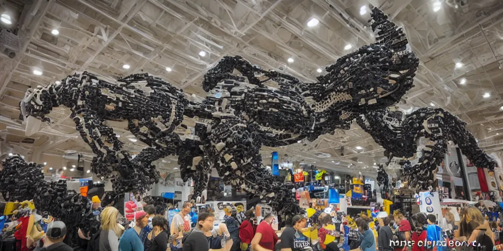 Image similar to wide shot lens photo of a very intricately detailed and epically shaped 3. 5 meter long tifa lockhart lego sculpture designed by a master builder as displayed at a lego convention, low angle shot.