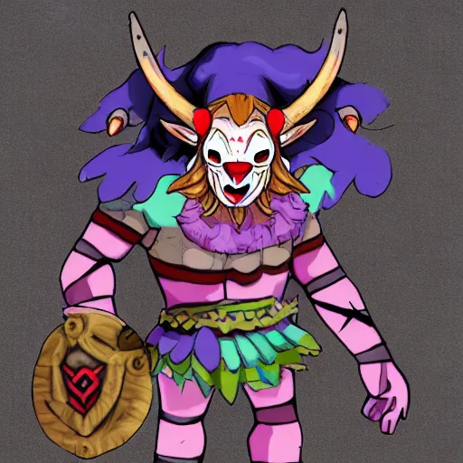 Image similar to A nightmare clown Minotaur, in the style of The Legend of Zelda: Breath of the Wild