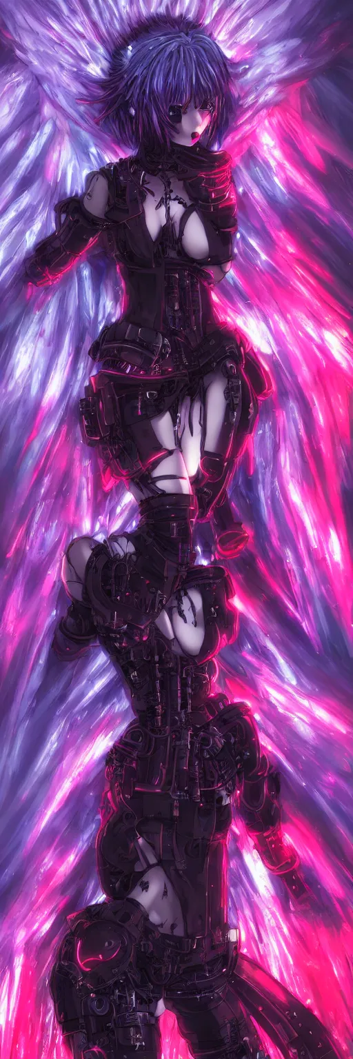 Image similar to anime cyberpunk dark fantasy gothic art, cute and beautiful full body female damaged cyborg - angel in the style of stand alone complex, akira, durararara, red blue purple black fade, intense watery glowing red and blue eyes, cinematic lighting, highly intricate detailed, wavy hair, advanced digital anime art, wlop and rossdraws and sakimimichan