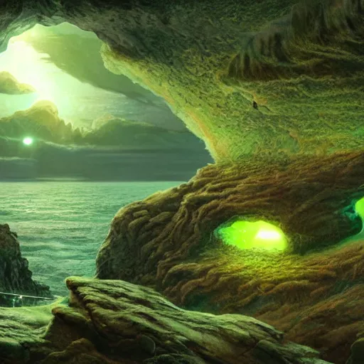 Image similar to a scary glowing green scifi portal to another world in darwin's arch, ocean and rock landscape, science fiction, intricate, elegant, highly detailed, digital painting, artstation, concept art, matte, sharp focus, illustration, art by hayao miyazaki and hideo kojima