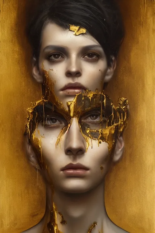 Image similar to a stunning ultra realistic fine art painting of a calm cyborg with gold paint dripping from its face by tom bagshaw, studio portrait, 50mm lens, 4K
