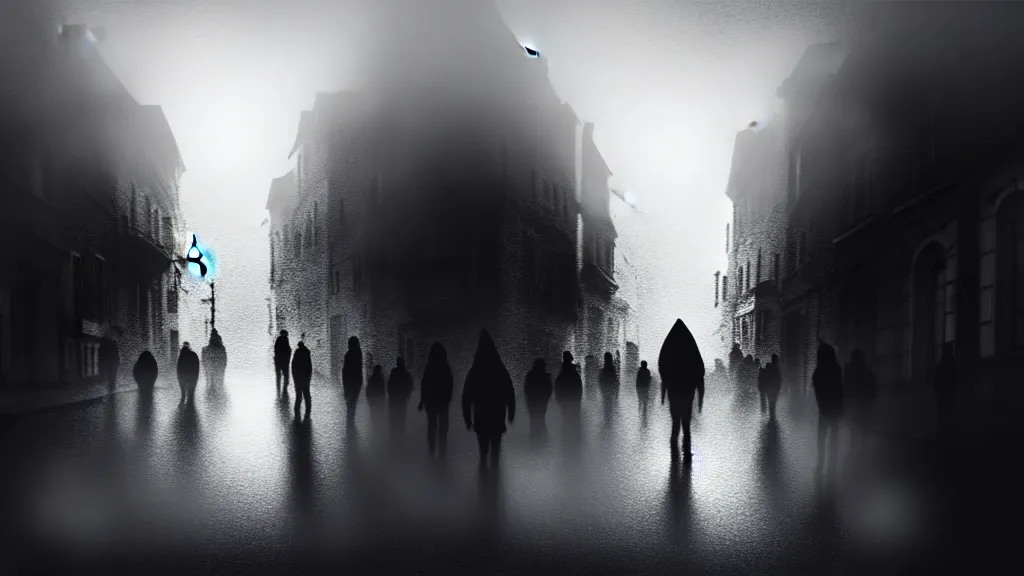 Image similar to a black sphere with glowing edges over old town with houses in the windows of which the light is on and a crowd of people on street. early morning, fog on ground, wet street. mike barr painting. volumetric light, dull colors, dark, noir arthouse, 3 5 mm, hight detalied, hd, 4 k