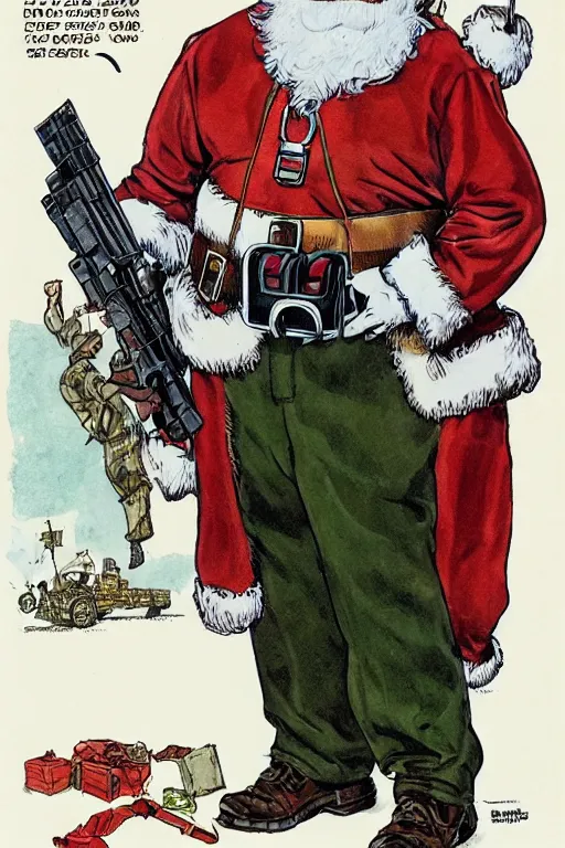 Prompt: concept of Santa Claus holding a M61 Vulcan and wearing an army harness vest full of pouches, by Geof Darrow and Simon Bisley, detailed, full body