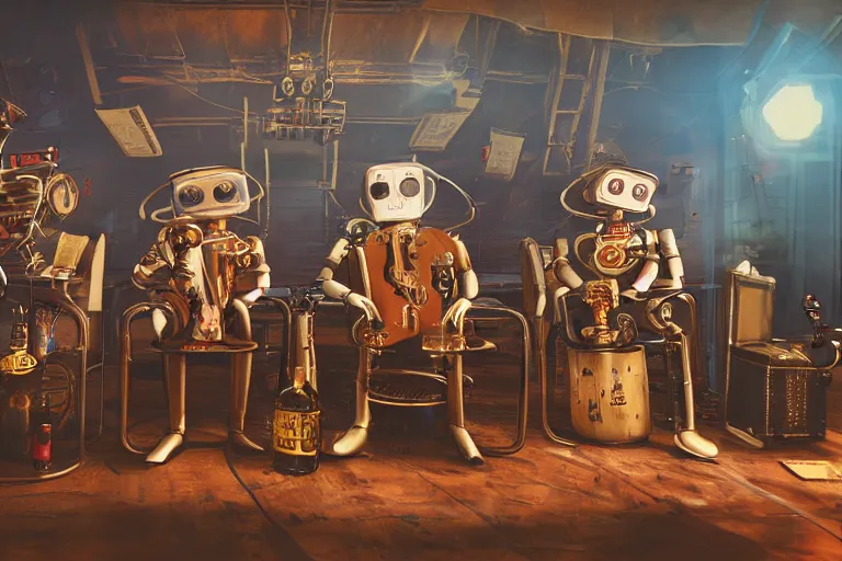 Prompt: backstage at a festival, 3 drunk steampunk robot musicians sitting on chairs, table with many bottle of beer and wiskey, exaggerated detailed, unreal engine