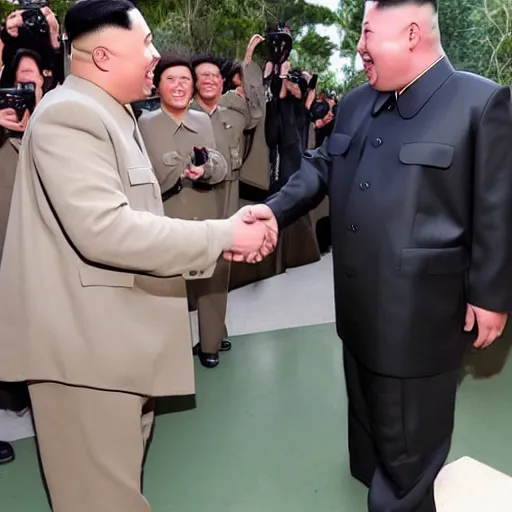 Prompt: picture of kanye west meeting kim jong un, both laughing