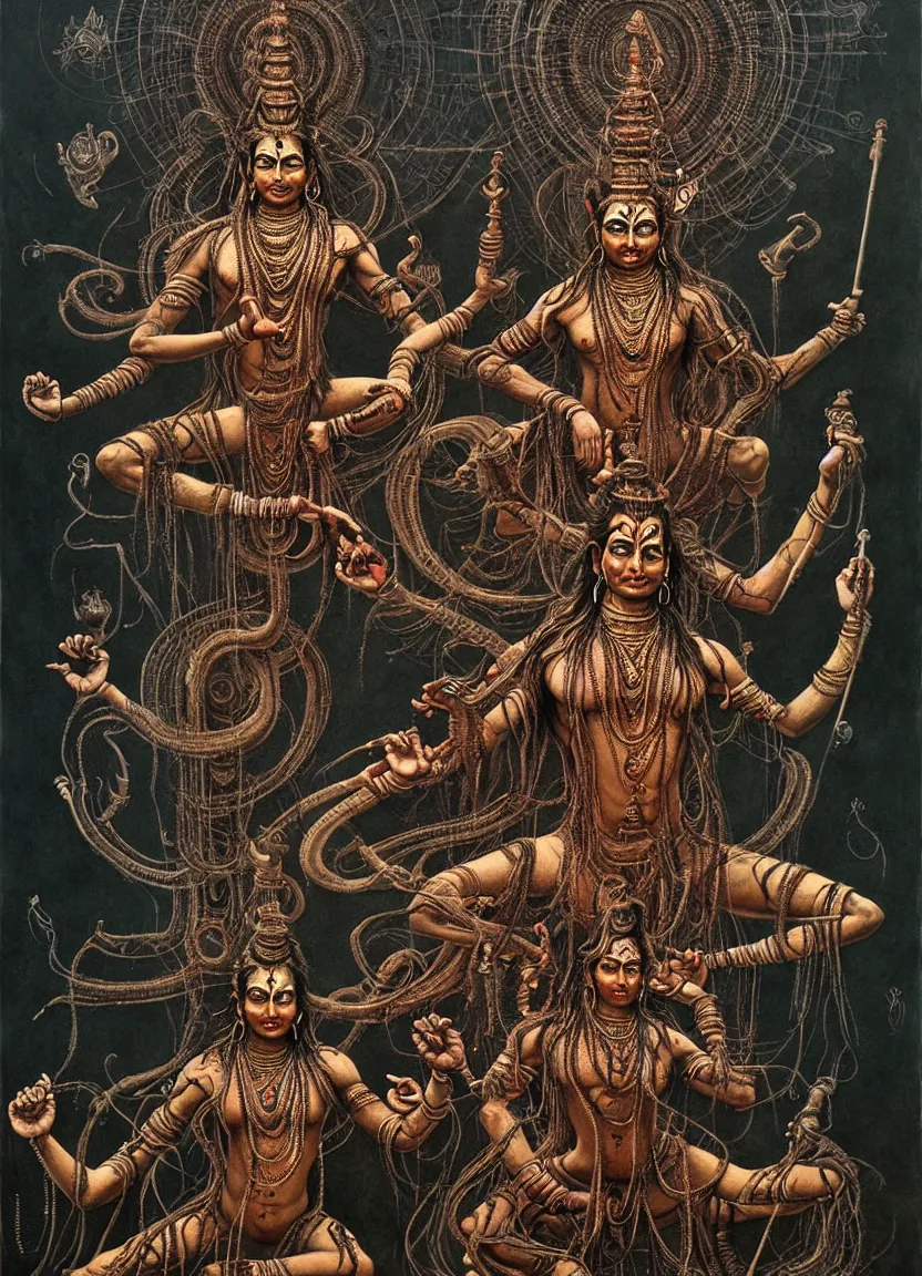 Prompt: Many-armed Shiva is dancing. Dark colors, high detail, hyperrealism, intricate details, masterpiece, art by Greg Broadmore, Esao Andrews, Beksinski, Giger