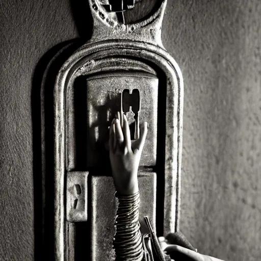 Prompt: old monochrom portrait photography of a beautiful girl holding old keys in her hand, many vintage locks on the walls, in a victorian decor, by man ray, alfred ghisoland, gemmy woud - binendijk, erwin olaf, 4 k,