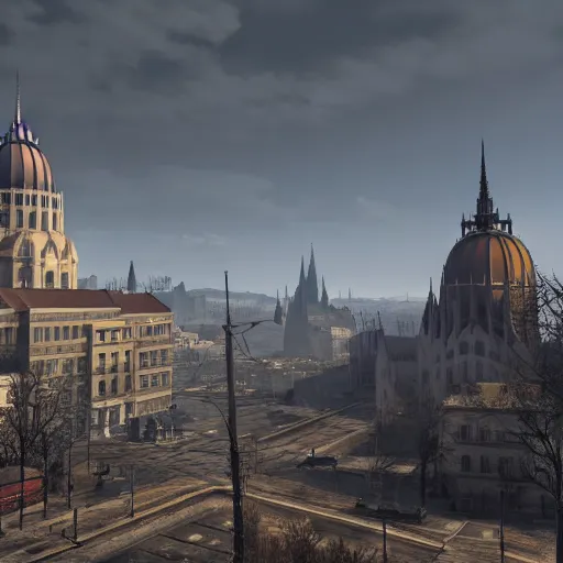 Prompt: fallout 5 set in budapest, game screenshot, 4 k, high detail