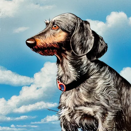 Image similar to an elderly, grey wire-haired dachshund floating in heaven, blue sky, surrounded by beautiful white clouds, with a halo over his head