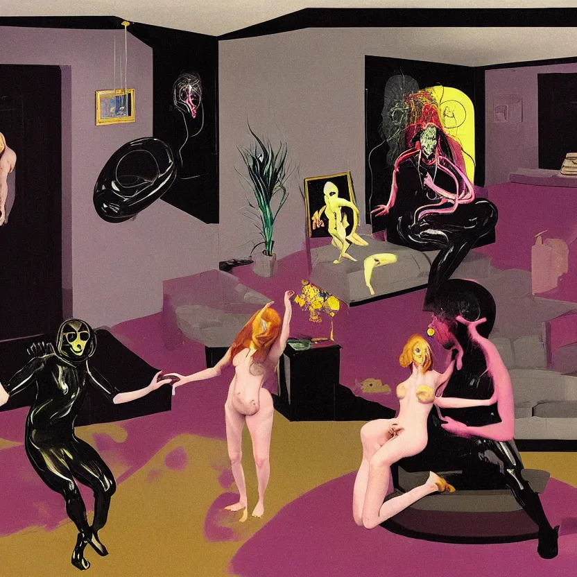 Image similar to Man and woman start to bounce in a living room of a house, floating dark energy surrounds the middle of the room. There is one living room plant to the side of the room, surrounded by a background of dark cyber mystic alchemical transmutation heavenless realm, cover artwork by francis bacon and Jenny seville, midnight hour, part by adrian ghenie, part by jeffrey smith, part by josan gonzales, part by norman rockwell, part by phil hale, part by kim dorland, artstation, highly detailed