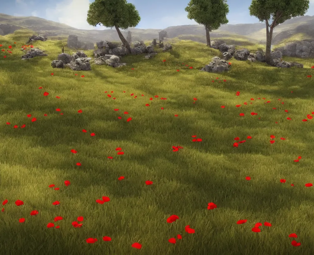 Prompt: a very beautiful scene, ambient occlusion render. golan heights with grass, valley, white stones, red poppies, ruins, hyperrealistic, 4 k. wide angle. wild. deep focus, lovely scene. concept art. unreal engine.