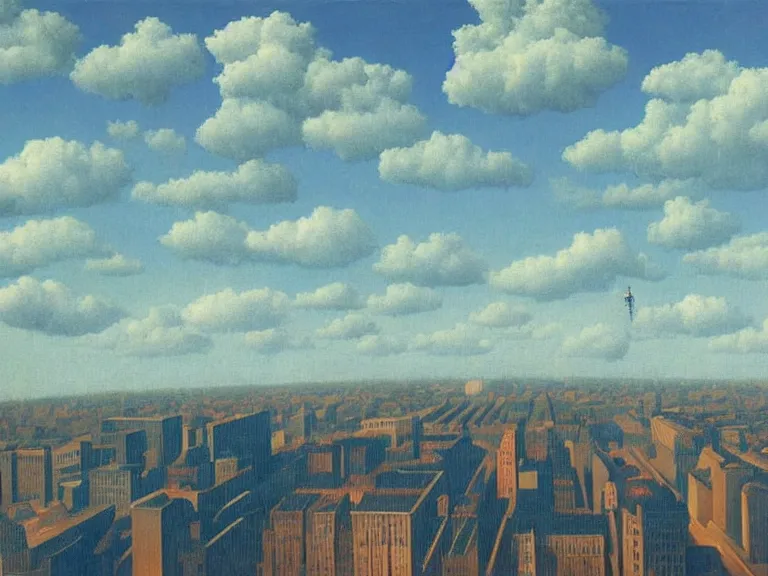 Prompt: city on clouds, painting by rene magritte, centered, high detail, high resolution