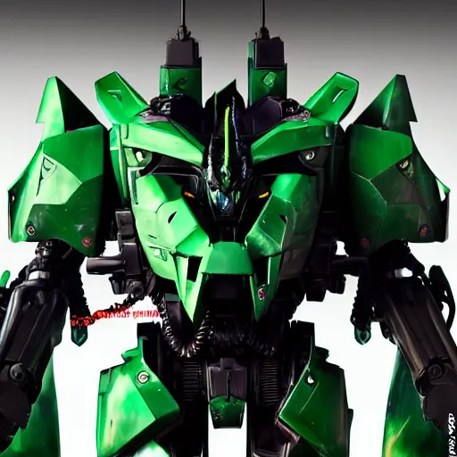 Image similar to futuristic green devil themed mecha satanic body, sepal helmet, demonic mecha, rococo, sci - fi movie, floral details, 8 k hd resolution, sazabi, barbatos mobile suit, bandai box art, star wars, makoto kobayashi, frank gehry, raymond swanland