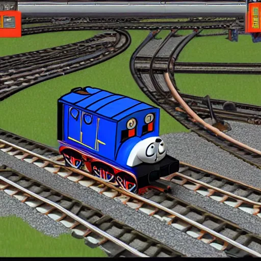 Prompt: thomas the tank engine running over a factorio engineer