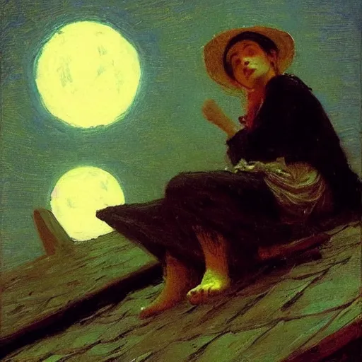 Prompt: witch resting on a rooftop, illuminated by moonlight, by ilya repin