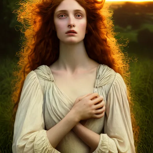 Prompt: photographic portrait of a stunningly beautiful renaissance pre raphaelite female maiden in soft dreamy light at sunset, contemporary fashion shoot, by edward robert hughes, annie leibovitz and steve mccurry, david lazar, jimmy nelsson, breathtaking, 8 k resolution, extremely detailed, beautiful, establishing shot, artistic, hyperrealistic, beautiful face, octane render