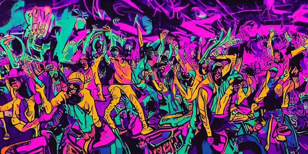 Image similar to psychedelic rap battle, silhouettes, distinct figures, digital art, vapor wave, hip hop, graffiti, trending on Artstation, professional artist, detailed, 4k