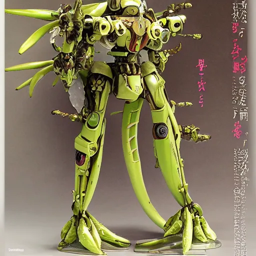 Image similar to futuristic trichosanthes mecha snake gourd body, sepals forming helmet, floral details, trichosanthes, 8 k hd resolution, barbatos gundam with floral inlay, bandai box art, star wars, makoto kobayashi, frank gehry, raymond swanland