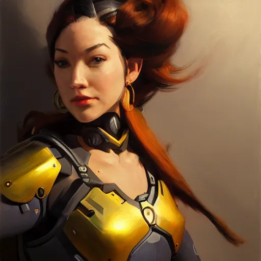 Image similar to greg manchess portrait painting of a female ironman as overwatch character, medium shot, asymmetrical, profile picture, organic painting, sunny day, matte painting, bold shapes, hard edges, street art, trending on artstation, by huang guangjian, gil elvgren, ruan jia, greg rutkowski, gaston bussiere