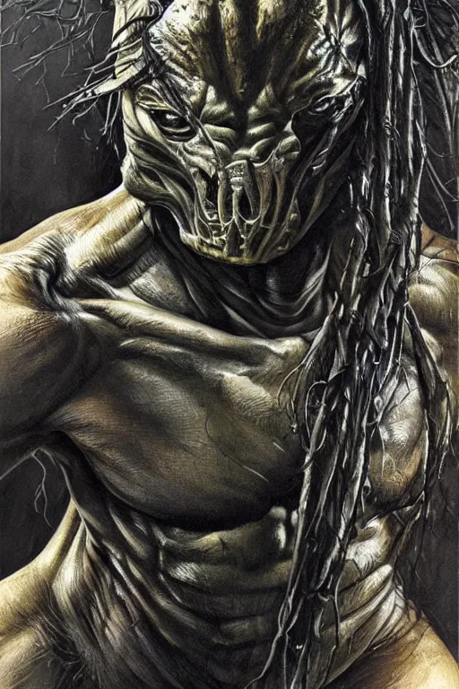 Image similar to beautiful clean acrylic painting of predator, huntinf, scary, portrait study by bernie wrightson, detailed, stunning, realistic