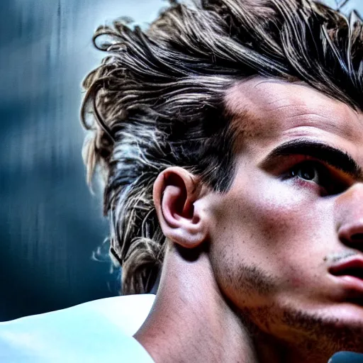 Image similar to a realistic detailed photo of a guy who is an attractive humanoid who is half robot and half humanoid, who is a male android, soccer player antoine griezmann, shiny skin, posing like a statue, blank stare, in a living room, on display, showing off his muscles