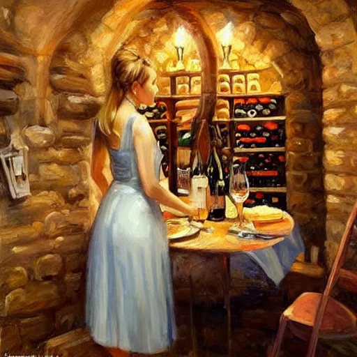 Image similar to wine cellar full of food, torches on the wall, schnapps, romantic, inviting, cozy, blonde woman, painting Vladimir Volegov