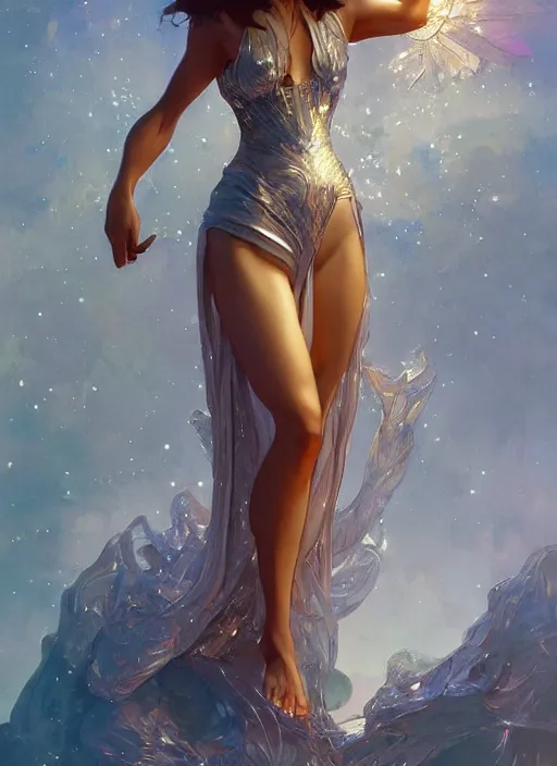 Prompt: a woman made from sparkling crystal, full body view, beautiful high quality realistic fantasy art, trending on artstation by artgerm and greg rutkowski and alphonse mucha