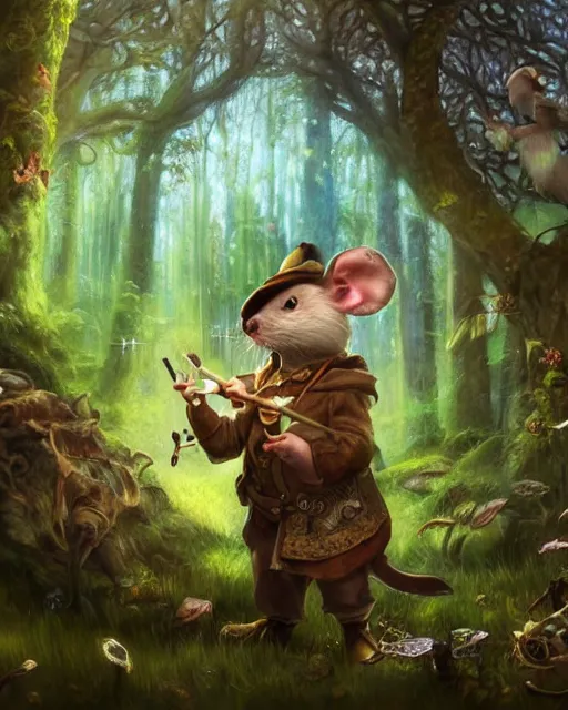 Image similar to Mouse playing Flute in magical forest, portrait, wearing hat, magical notes, fairy atmosphere, magic the gathering artwork, D&D, fantasy, cinematic lighting, centered, symmetrical, highly detailed, digital painting, artstation, concept art, smooth, sharp focus, illustration, volumetric lighting, epic Composition, 8k, art by Akihiko Yoshida and Greg Rutkowski and Craig Mullins, oil painting, cgsociety