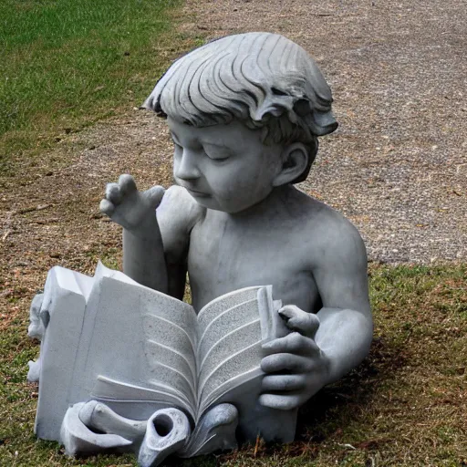 Prompt: stone statue of kid a book, outdoors