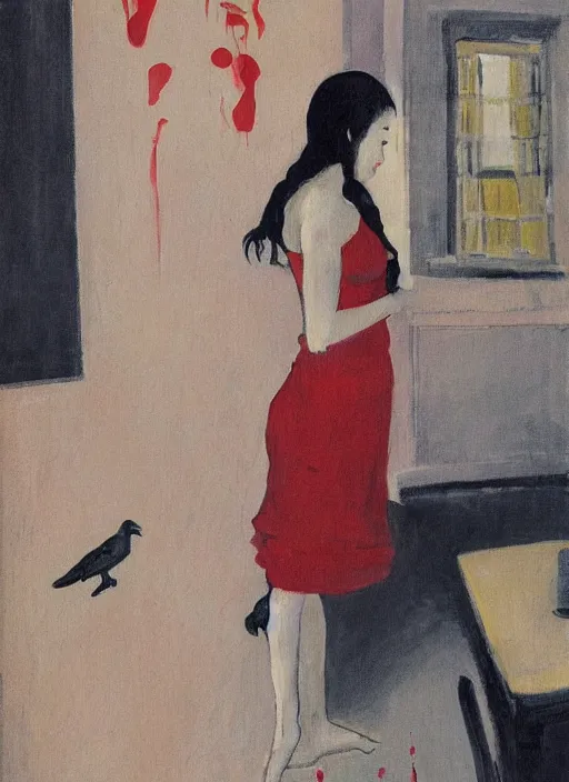 Image similar to a painting of gorgeous asian college girl standing on the knees with frozen cold stare, blood red background, transparent gray dresses, crows flying with red eyes trapped in the void as a symbol of death, in style of Edward Hopper, surrealism of Francis Bacon painting, John Singer Sargant, Chaim Soutine and Frank Auerbach, American Gothic, 8k, ultradetailed