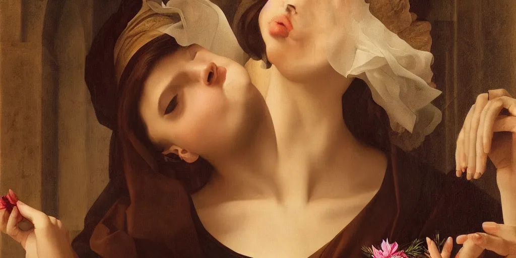 Image similar to beautiful oil matte portrait painting, woman holding a flower inside a cathedral, wonderful masterpiece highly detailed, beautiful cinematic light deep focus, elegant, digital painting, smooth, sharp focus, golden ratio, dramatic illumination, ultra realistic, 8 k, art by artemisia lomi gentileschi and caravaggio