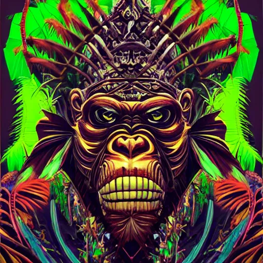 Prompt: barong family member, wiwek, mara demon, abstract, surreal, miami palm tree leaves, wild cat eyes, one single tribe member, jungle, one single mask, dark, ancient warrior, gorilla, king kong, scale skin, tribal, inner glow, art by dan mumford and justin gerard