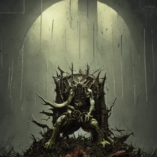 Prompt: Nurgle sitting on his throne of decay by Schen Teng, asymmetrical, realistic painting, dark vibes, nightmare, geometric shapes, hard edges, synth wave, trending on the artstation:2 by Greg Rutkowski:4