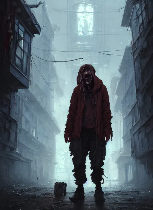 Prompt: Highly detailed portrait of homeless and beaten up Ghoul, Stephen Bliss, unreal engine, fantasy art by Greg Rutkowski, Loish, Rhads, ferdinand knab, Makoto Shinkai and Lois van baarle, ilya kuvshinov, rossdraws, Tom Bagshaw, alphonse mucha, global illumination, radiant light, detailed and intricate environment